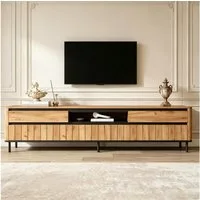 KLAM HOME Lowboard Moderner TV-Schrank 180cm Natur/Schwarz mit Schubladen & Türen (TV Lowboard für 75-Zoll-Geräte mit Metallfüßen und Saugroboter-Abstand), Stauraumreiches Unterhaltungszentrum aus MDF mit Lamellenfront