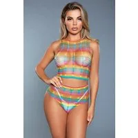 Be Wicked Set: Bügelloser BH Netz-Shirt und Slip - Regenbogenfarben