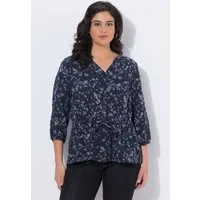 Ulla Popken Longbluse Musselinbluse Blüten A-Linie V-Ausschnitt 3/4-Arm