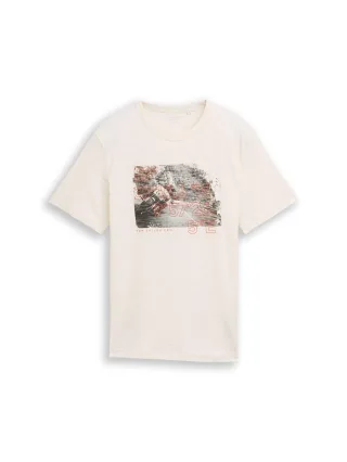 Tom Tailor - T-Shirt in Melange-Optik mit Fotoprint gardenia white - Gr. - L