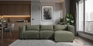 Ecksofa Designersofa NEVIO in Stoff Lincoln Moosgrün Ottomane Rechts