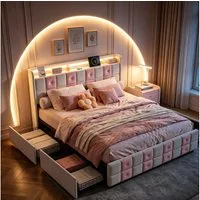 Gdood Stauraumbett Polsterbett LED Doppelbett 160x200 cm (1-tlg., Type-C + USB, 4 Schubladen unter dem Bett ausziehen), Mit Schubladen, LED-Beleuchtung, USB-Anschluss, 160x200 cm
