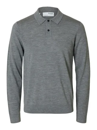 SELECTED MEN - SLHTRAY LS KNIT MERINO POLO NOOS medium grey melange - Gr. - XL