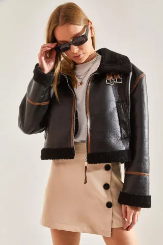Kunstleder Boxy Crop Jacke mit Schalkragen