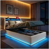 PXloue Polsterbett LED Einzelbett 90x200cm mit Ladefunktion und hydraulischem Stauraum, Geeignet für kleine Wohnungen (mit zusätzlichem Stauraum)