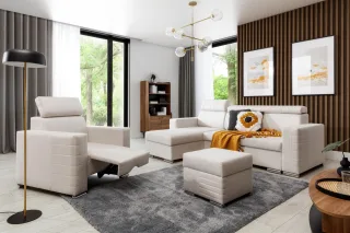 Ecksofa inkl. Hocker und Sessel CANTON Stoff Liverpool Pearl Ottomane Links