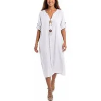 dy_mode Hemdblusenkleid Damen Leinenkleid Midi Hemdblusenkleid mit V-Ausschnitt Freizeitkleid in Unifarbe, V-Ausschnitt, mit seitlichen Eingriffstaschen