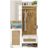 MODFU Garderoben-Set Kleiderschrank-Set, (Kleiderschrank-Set mit Spiegel, 1-St., 6 goldenen Kleiderhaken,16-farbiger LED-Beleuchtun), Wandgarderobe mit Spiegel,Schuhschrank,oberem Stauraumfach, Sitzbank