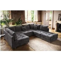 riess-ambiente Wohnlandschaft KENT 305cm grau/silber – Samt, U-Form, mit Kissen & Hocker, Einzelartikel 1 Teile, großes Bigsofa mit Hocker & Federkern – ideal für moderne Wohnzimmer
