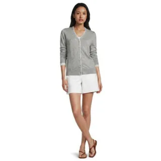 Feinstrick-Baumwollcardigan mit unterlegtem Ausschnitt, Damen,  Grau, Baumwolle, by Lands' End