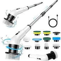 TUWENA Reinigungsbürsten-Set 9 in 1 Elektrische Reinigungsbürste, Spin Scrubber mit Lang Griff, 3 Modi, Duschreiniger Bürste für Bad, Küche, Fliesen und Auto