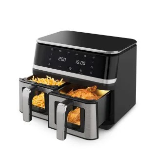 [EU Direct] NovuLife 2000W Electric Dual Basket Air Fryer 9L 80~200°C Range 360° Hot Air Circulation with LED Digital Di