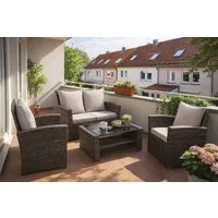 MeXo Gartenlounge-Set Poly-Rattan Gartenmöbel Set, (Balkonmöbel für kleinen Balkon, 4-tlg., 2-Sitzer Sofa, 2 Sessel & Tisch mit Stauraum), wetterfest & handgeflochten