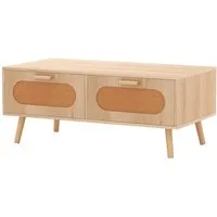 COSTWAY Couchtisch, Rattan, mit Schubladen, Fach, massiven Holzbeinen, 100cm