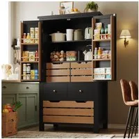 Flieks Küchenbuffet Mehrzweckschrank mit 5 Schubladen und 2 Türablagen (1-St., 80x40x140 cm) Hochschrank Küchenschrank mit Aufbewahrungskorb in Holzoptik