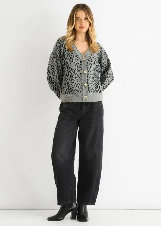 Grau Tiermuster Wolle-Mix Cardigan Look Pullover