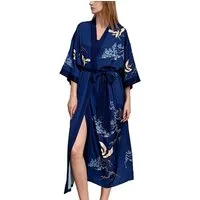 Vivi Idee Morgenmantel Bademantel Schlafmantel kimono lang leicht satin Sauna Einheitsgröße, Kimono-Kragen, Bindegürtel, Seidig