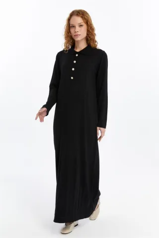 Damen Hemd Kragen Detailed Halbplacket Thin Seasonal Cold Yarn Strickwaren Kleid Schwarz