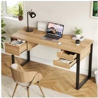 OKWISH Schreibtisch für Büro und Homeoffice (robuste Schubladenschienen, drei Schubladen zur Aufbewahrung, Holzfarbe + Schwarz., 1-St., 130*55*76cm)