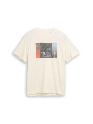 Tom Tailor - T-Shirt in Melange-Optik mit Print gardenia white - Gr. - XXL