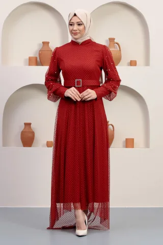 Tüll Abendkleid With Stein Gürtel, Ziegelrot