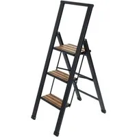WENKO Trittleiter Modell Alu-Design, rutschsichere XXL-Stufen, robustes Aluminium in Kombination mit Bambus