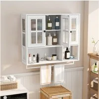OKWISH Hängeschrank Wandhängeschrank, Glas-Wandregal (3-türiger Wandschrank mit Glastüren & Handtuchhalter, modernes Hängevitrine-Design aus MDF)