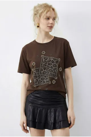 Crew-Neck T-Shirt mit geometrischem Pailletten-Druck