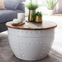 FINEBUY Couchtisch FB24605 Mango Massivholz Ø60cm Wohnzimmertisch Sofatisch Stauraum (60x36x60 cm Mango Massivholz Metall Weiß Rund), Sofatisch mit Stauraum, Wohnzimmertisch Shabby