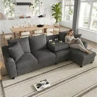 Merax Ecksofa L-Form Ecksofa 4 Sitzer, Chenille Sofa Mit Chaiselongue, 1 Teile, Klappbare Rückenlehne, Getränkehalter, Bettkasten, Stauraum, Couch