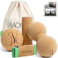 BACKLAxx® Pilatesrolle Set (3-tlg., Rolle klein, Ball 10cm, Duoball, Trainingsband, Beutel), Korkrolle zur Selbstmassage, zur myofaszialen Selbstmassage