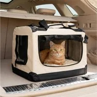 belviona Tiertransporttasche für Katzen, faltbar mit Mesh-Fenstern, 50x34x36 cm, beige bis 10 kg, leichte & stabile Katzentransportbox mit Innenkissen & Taschen