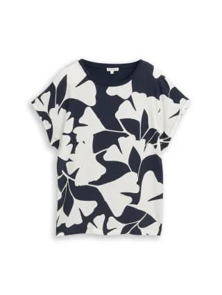 Tom Tailor - T-Shirt mit floralem Print und Rundhalsausschnitt blau/weiß - Gr. - XS