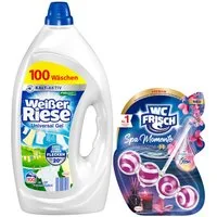 Weißer Riese Weißer Riese Gel Universal 100WL & WC FRISCH Spa Momente 50g Vollwaschmittel (Spar-Pack, [2-St. Flüssigwaschmittel & Toilettenstein für Sauberkeit & Frische)