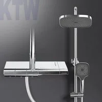 EMKE Duschsystem Thermostat Duschset,Duschsäule Set mit Regal mit Überkopfbrause, Handbrause mit 3 Strahlstärken, Regendusche, Chrom