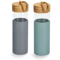 Zeller Present Trinkflasche, 2-teilig, Glas/Bambusdeckel/Siliko, je 500 ml
