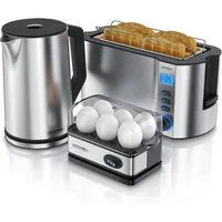 Arendo Frühstücks-Set (3-tlg), Wasserkocher 1,5l, 4-Scheiben Toaster, 6er Eierkocher, Silber