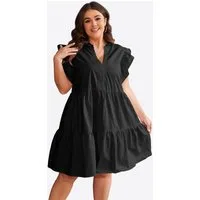 Imily Bela Minikleid Damen Oversize Kurzarm V-Ausschnitt mit Rüschenärmeln A-Linie Sommer (Packung, 1-tlg., 1per-Pack) mit gerüschtem Rock aus Baumwolle in Unifarbe