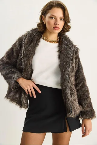 Faux-Fur Gekürzter Mantel mit Offener Kragen