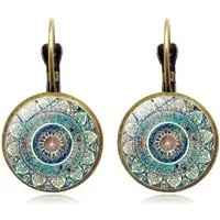 RAIKOU Ohrring und Ketten Set Mandala rund, Boho Vintage Ohrringe/ Kette mit Mandala Muster, Glas Cabochon Ohrhänger 2,8 cm