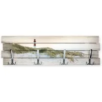 Kreative Feder Wandgarderobe Wandgarderobe "Leuchtturm" aus Holz, im Shabby-Chic-Design farbig bedruckt ca. 30x100cm 4 Doppel-Haken