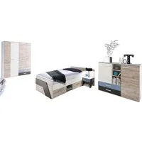 Lomadox Jugendzimmer-Set LEEDS-10, (Sparset, 4-tlg), 4-teilig in Sandeiche Nb. mit weiß Lava und Denim Blau