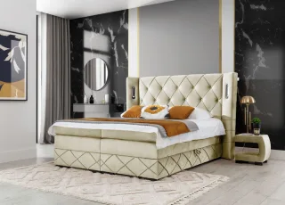 Boxspringbett Schlafzimmerbett ELVIANO 200x200cm Stoff Ecru inkl. Ambiente-LED