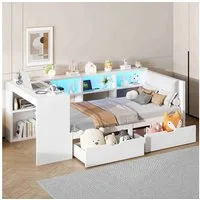 BlingBin Stauraumbett Daybett Tagesbett Einzelbett Kinderbett Jugendbett (1-tlg., mit LED-Licht, Schubladen & Ladestation – Gepolstertes Kopfteil), Plattformbett aus Holz in Weiß mit gepolstertem Kopfteil, 90×200CM