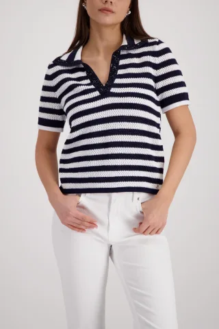 monari - Ajour-Polo-Pullover mit Strasssteinen marine ringel - Gr. - 34