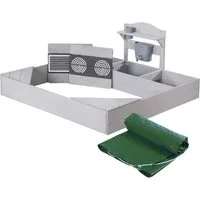 roba® Sandkasten aus Massivholz inkl. Matschküche & Abdeckplane, (Sandkiste mit Spielwanne, Wasserbehälter & bedruckten Herdplatten), Outdoor Kindersandkasten für Garten - Wetterfestes Holz Grau lasiert