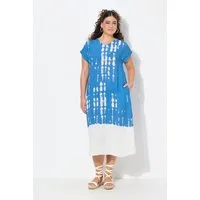 Ulla Popken Midikleid Kaftan Leinenmix Batikdruck V-Ausschnitt Halbarm