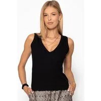 SASSYCLASSY T-Shirt Geripptes Top Damen mit V-Ausschnitt Elegant Lässiges ärmelloses Shirt in Rippstruktur aus fließendem Stoff Schwarz