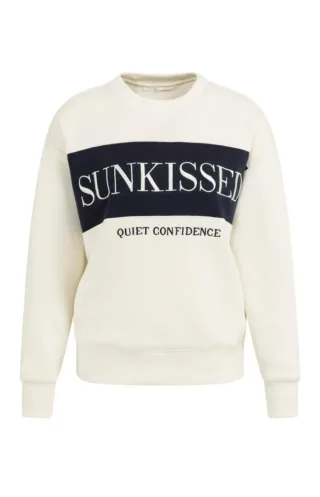 Yaya - Sweatshirt mit Schriftzug und Rundhalsausschnitt beige/blau - Gr. - XS