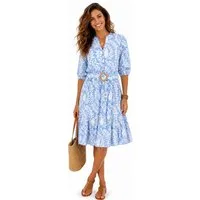 SUBLEVEL Sommerkleid Sommerkleid mit Print und Gürtel Freizeitkleid 3/4 Arm Kleid Volant